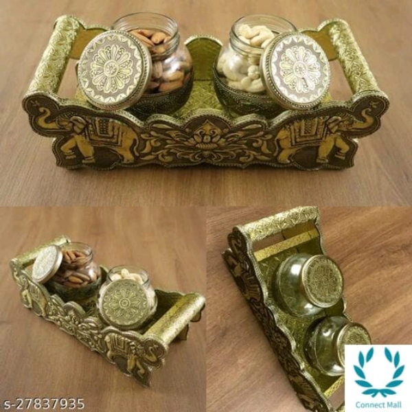 VNS Tray and Jar setTray wooden . 2 Bowl Glass,Gold )
